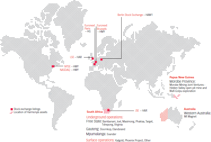 Location of Harmony’s assets and stock exchange listings [world map]