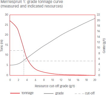 Merriespruit 1: grade tonnage curve (measured and indicated resources) [graph]