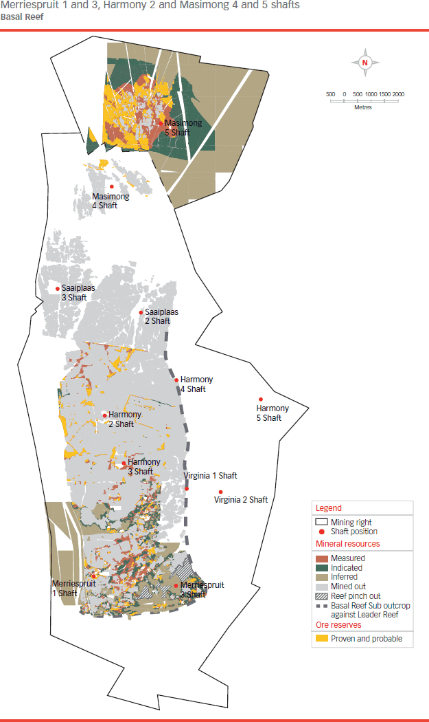 Merriespruit 1 and 3, Harmony 2 and Masimong 4 and 5 shafts (Basal Reef) [map]