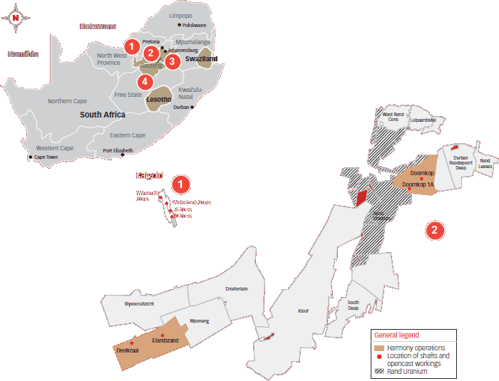 Location of South African Mineral resources and ore reserves and Kalgold, Doornkop and Elandsrand