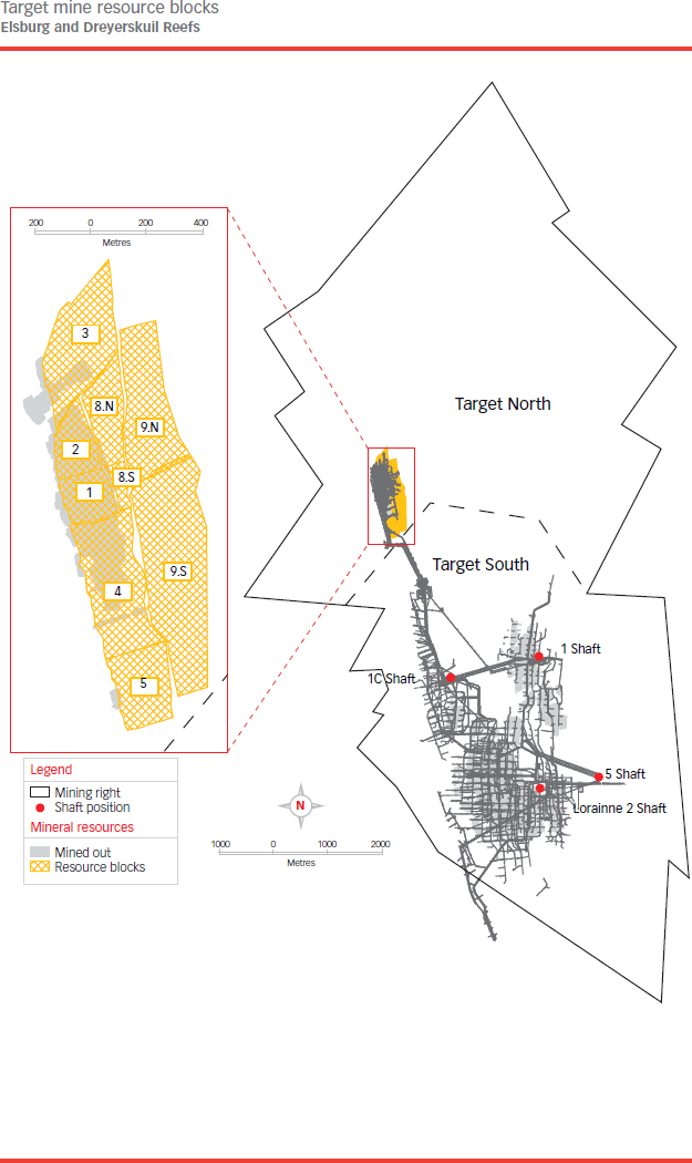 Target mine resource blocks (Elsburg and Dreyerskuil Reefs) [map]