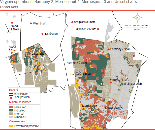 Virginia operations: Harmony 2, Merriespruit 1, Merriespruit 3 and Unisel shafts (Leader reef) [map]